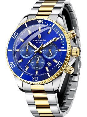 Men's Gold Silver Strap Blue Chronograph Stainless Steel Waterproof Wrist Watch